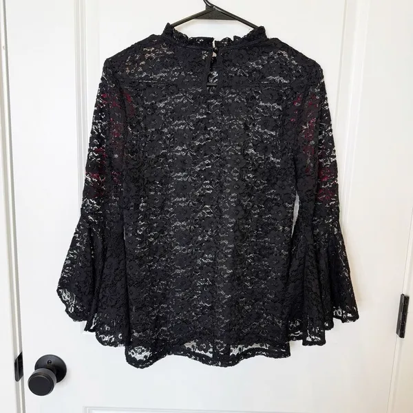 Womens Black Sheer Embroidered Floral Top Small Romantic‎ Whimsigoth Puff Sleeve - Image 4