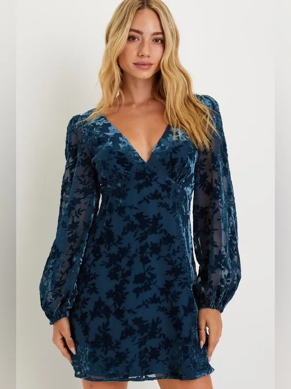 Lulus Stunning Stance Teal Blue Velvet Floral Long Sleeve Mini Dress Medium - Image 2