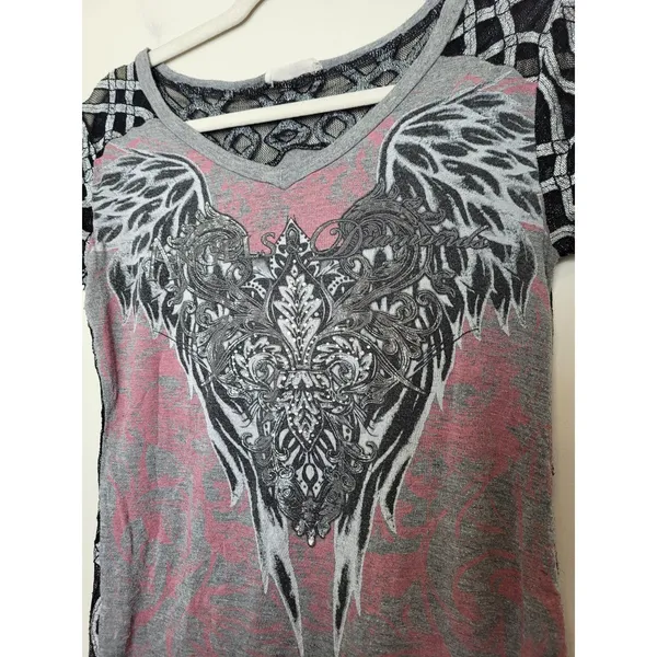 Angels & Diamonds Graphic T-Shirt Demonia Affliction Goth Emo Grunge Mesh Small - Image 3