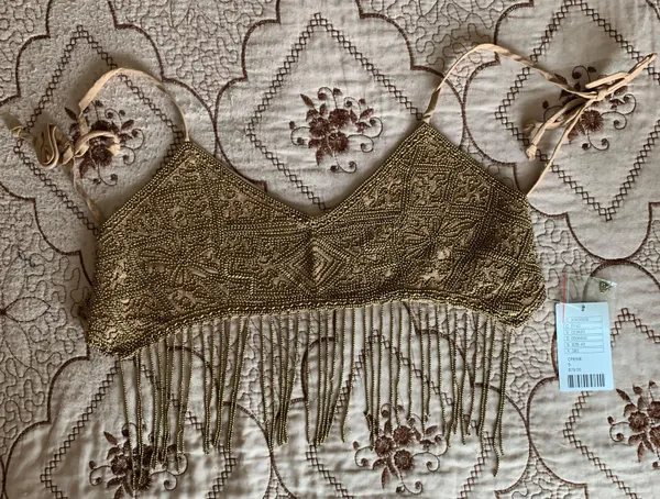 Urban Outfitters NWT $79 gold intricate beaded embellished festival backless tie halter crop top - Image 6