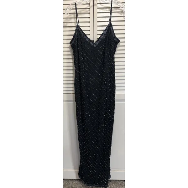 Stenay Black Silk Full Bead Gown & Jacket Sz 14 Adj Straps Lined Sparkle Formal - Image 9