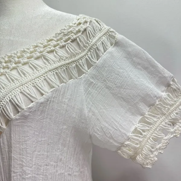 Boho Hippie White Gauzy Cotton & Crochet Lace with Fringe Top Size Medium - Image 7