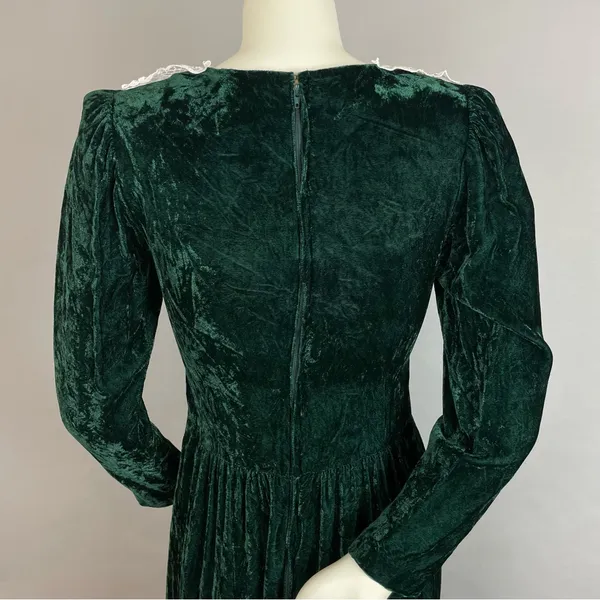 Vintage Crushed Velvet Dress Green Lace Collar Lanz Long Sleeve Christmas Party‎ - Image 7