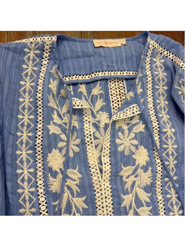 Tory Burch Light Blue Embroidered Crochet Bell Sleeve Tunic Coverup Dress Sz 6 - Image 3