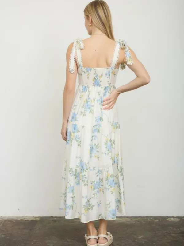 White Blue Yellow Floral Tiered Midi Dress Lace Tie Straps Small - Image 3