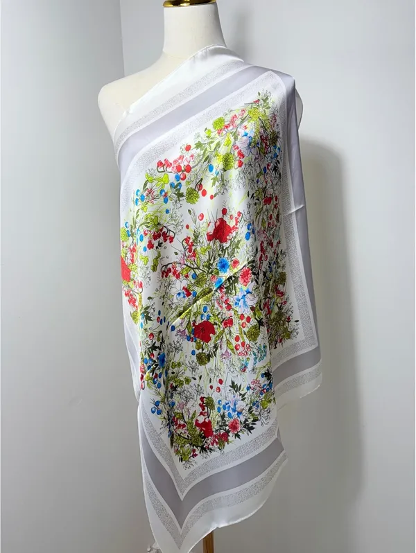 Elegant Floral Square Scarf in Satin Polyester, 68cm x 68cm, Vibrant Red, Blue - Image 2