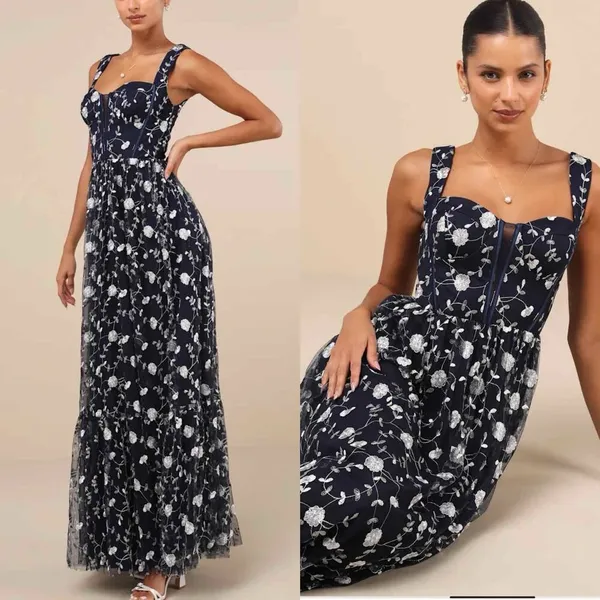 Lulus Gala Invite Navy Blue Embroidered Tulle Bustier Maxi Dress Large - Image 7