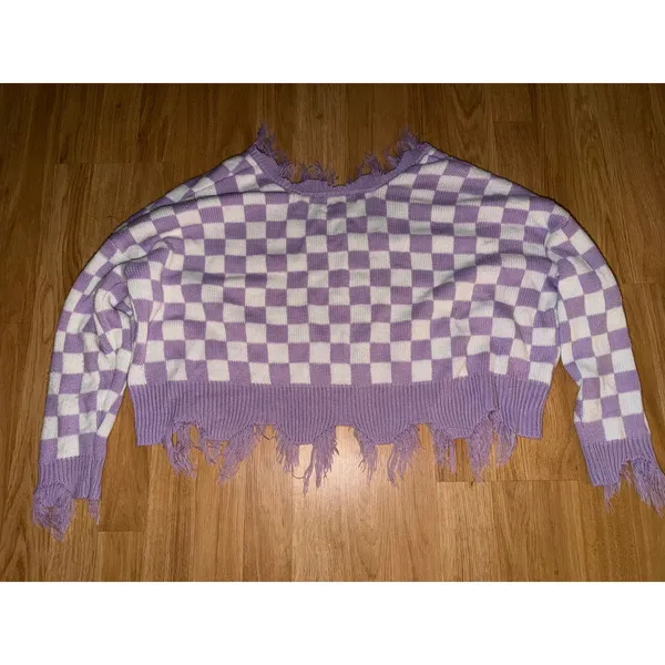 Just Polly New York Purple White Checkered Distressed Frayed V-Neck Sweater L - Image 4