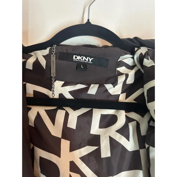 DKNY Vintage Womens Black Faux Fur Hooded Puffer Coat Jacket Size L Y2K Winter - Image 2