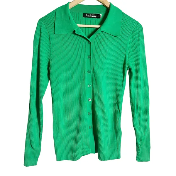 Lauren Ralph Lauren Green Collared Polo Ribbed Knit Cardigan Sweater Size M - Image 4