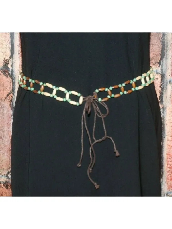 Boho Wood Beaded Tie Belt Green Brown Cream Adjustable Hippie Festival - Image 4
