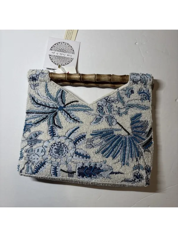 Beaded Floral Pink & White Handbag with Bamboo Handle India handmade NWT - Image 11