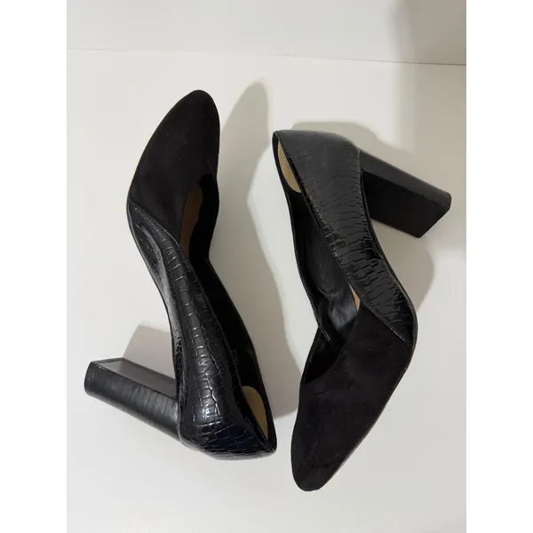 Tahari Elvira Size 8M‎ Black Suede Croc Embossed Block Heel Pumps Pointed Toe - Image 8