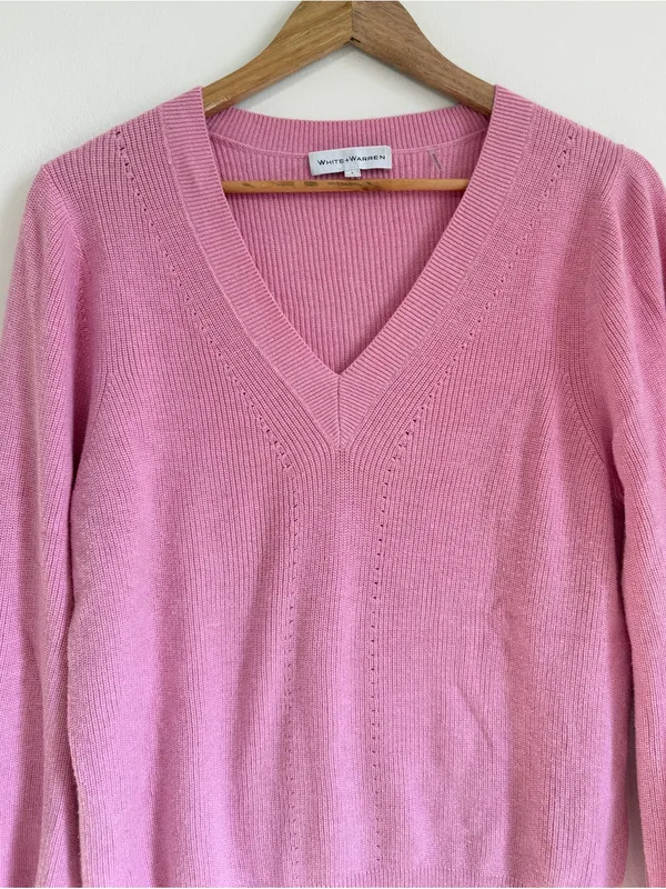 White + Warren Pink Cotton Silk Rib Trim Crew Neck Sweater Size Large - Image 4