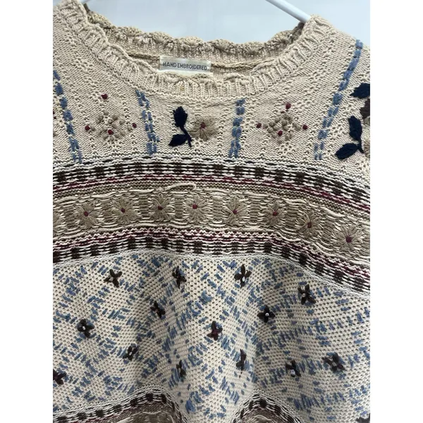 Womens vintage-hand-embroidered beige sweater floral &‎ geometric M flaws - Image 3