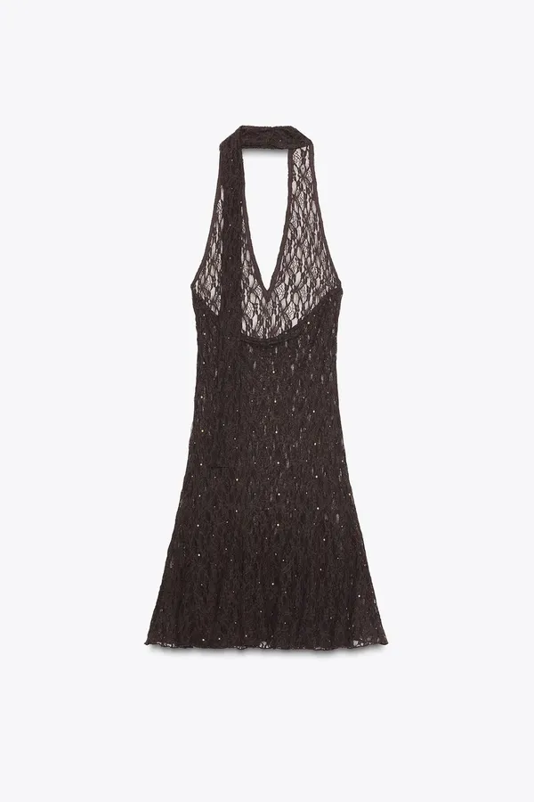 Zara Brown Lace Ruffled Crochet Halter Bohemian Summer Dress - Image 11