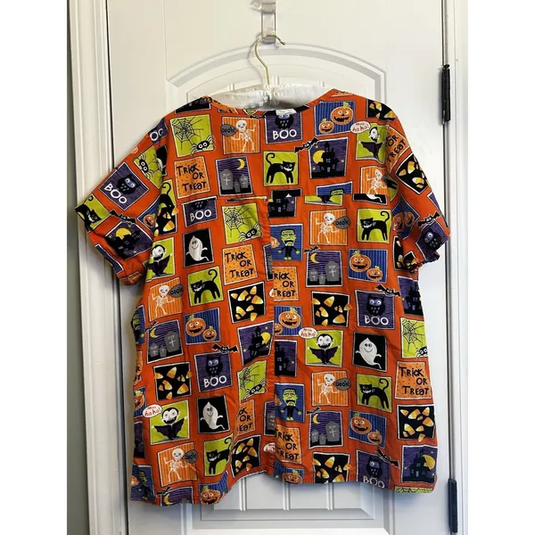 ScrubStar Halloween Scrub Top XL Ghost Pumpkin Black Cat Nurse Cotton Fun - Image 11