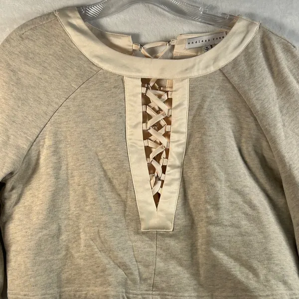 Endless Rose Beige Ribbed Bell Sleeve Lace‎ Up Front Cropped Sweatshirt Top M - Image 2