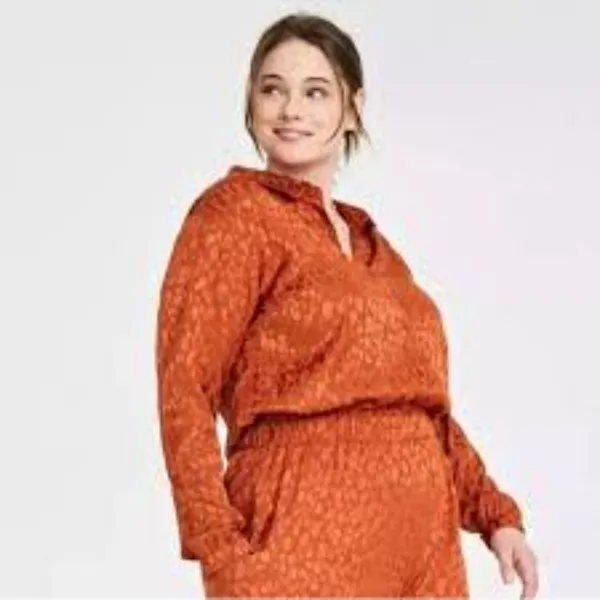 ON 34TH Animal Print Rayon Toasted Ginger Long Sleeves Pockets 1X Plus Jumpsuit - Image 4