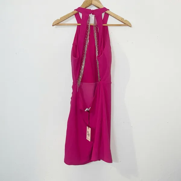 Sincerely Jules hot pink glitter fringe open back high neck mini dress - Image 5