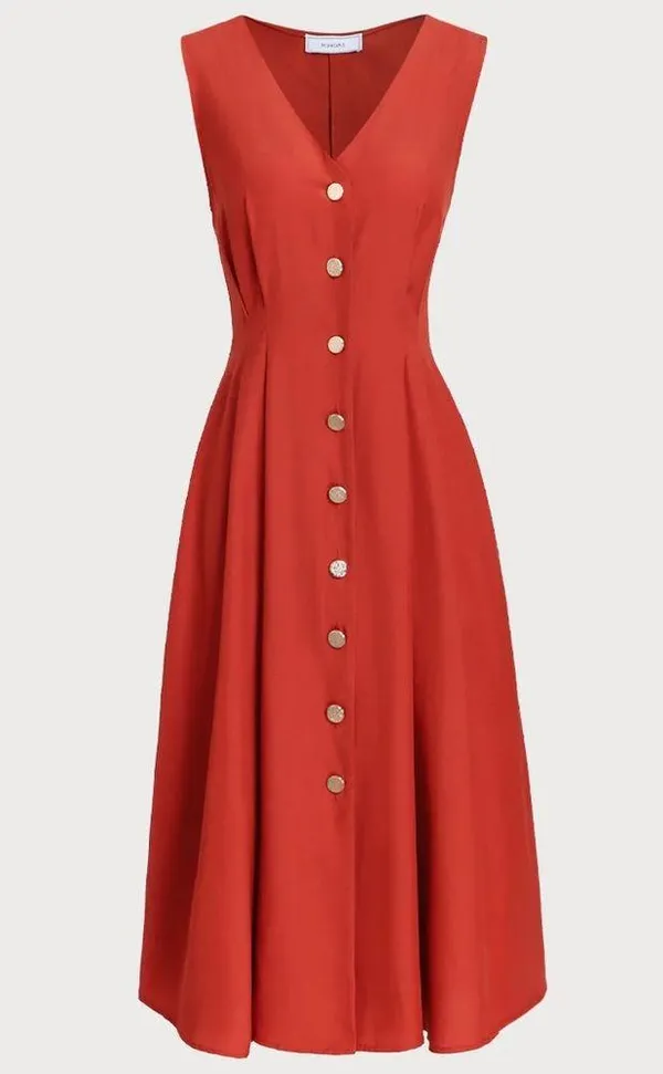 Rihoas Red V-neck Button Sleeveless Midi Dress - Image 6