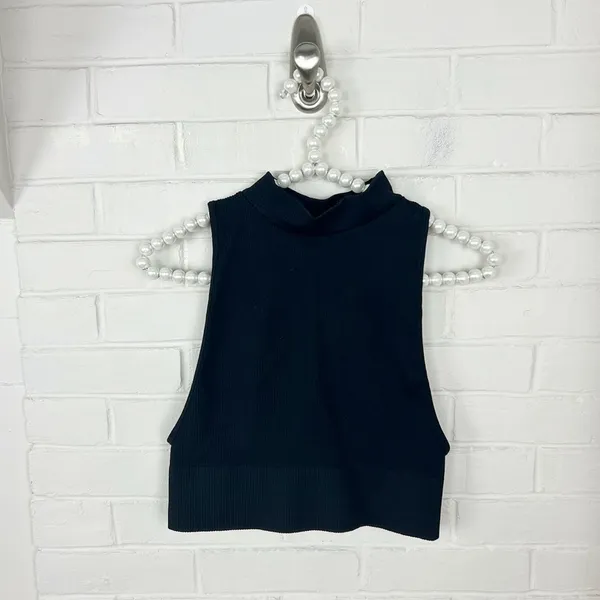 Princess Polly Black Ribbed Mock Neck Compression Stretch Crop Top L/XL - Image 2