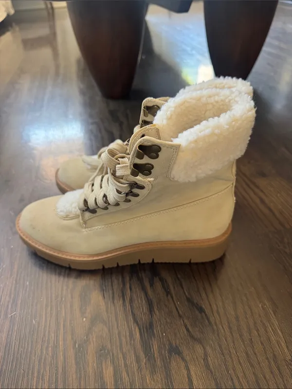 JustFab Cream Sherpa-Lined Lace-Up Ankle Boots - Image 3