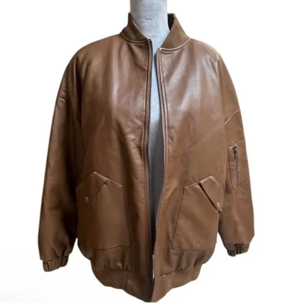 Edikted Vegan‎ Leather Quilt Lined Oversized Brown Bomber Jacket, Size S - Image 3