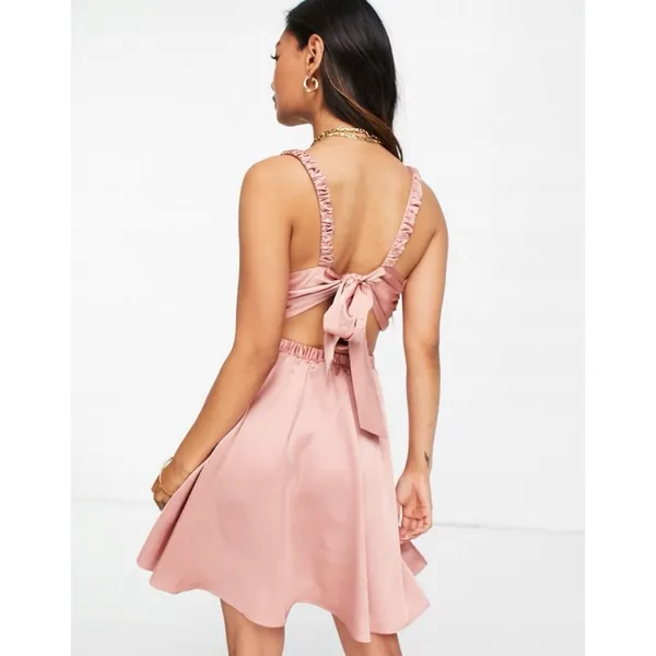 ASOS Design Blush Mauve Pink Satin Mini Dress 14 XL Cut Out Bow Back Skater - Image 4