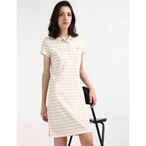Tommy Hilfiger Polo Dress Womens XXS Tan‎ White Striped Slim Fit Preppy Sporty - Image 4