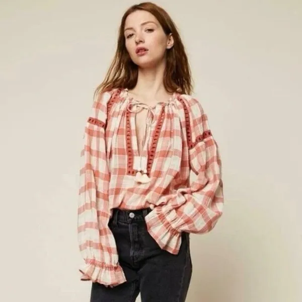 Free People Honey Grove Gingham Checkered Balloon Sleeve Blouse Size Small - Image 2