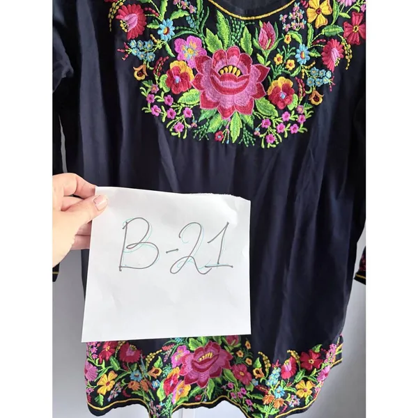 Boho Embroidered Floral Tunic Dress Navy Rose Mexican Style Sz M - Image 6