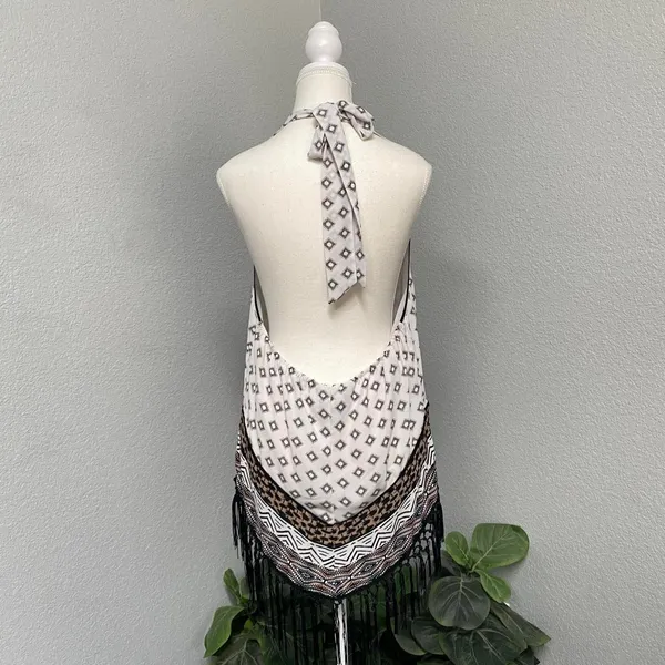 White House Black Market Geometric Halter Top Fringe Tassel White Black Brown - Image 5