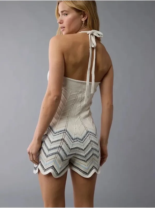 NWT American Eagle Beige Crochet Knit Halter Romper - Image 3