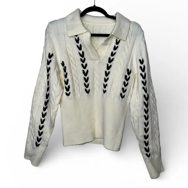 Commense Contrast Stitched Cable Knit Polo Sweater Off-White Size Medium NWT - Image 5