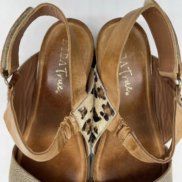 Diba True Womens 8 Sandals Bye Golly Wedge‎ Cheetah Cow Fur Leather Brown Gold - Image 7