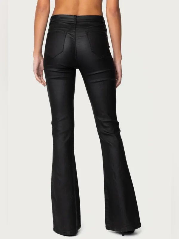 Edikted Faux Black Leather Flare Pants - Image 2
