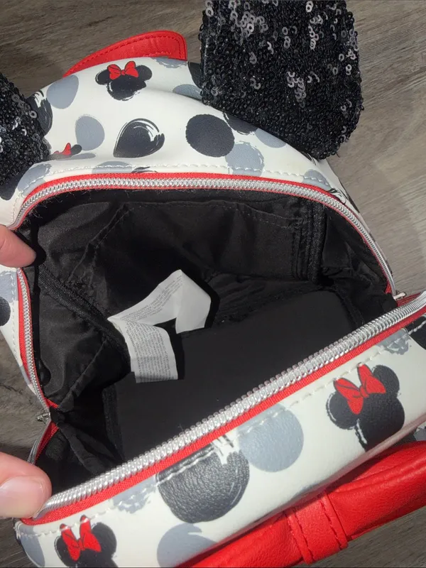 Loungefly Disney Minnie Mouse Mini Backpack Red Bow Black Sequin Ears Vegan - Image 13