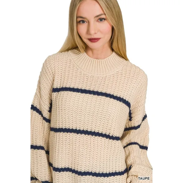 Zenana Oversize Striped Sweater - Taupe - Medium - Image 3