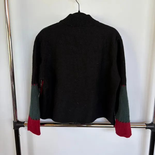 90's Wool Patchwork Jacket Boxy Zip Up Grandma Sweater Black Embroidered XL - Image 3
