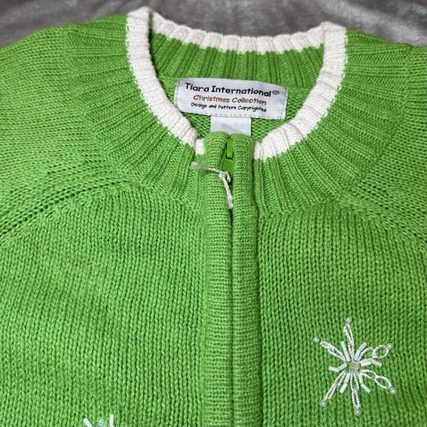 Tiara International Womens Size Large Christmas Cardigan Green Snowman Beaded - Image 7