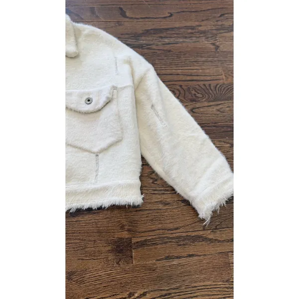 SHACI BLUE Ivory Fuzzy Trucker Sweater Jacket Oversized Distressed S Small 2655 - Image 5