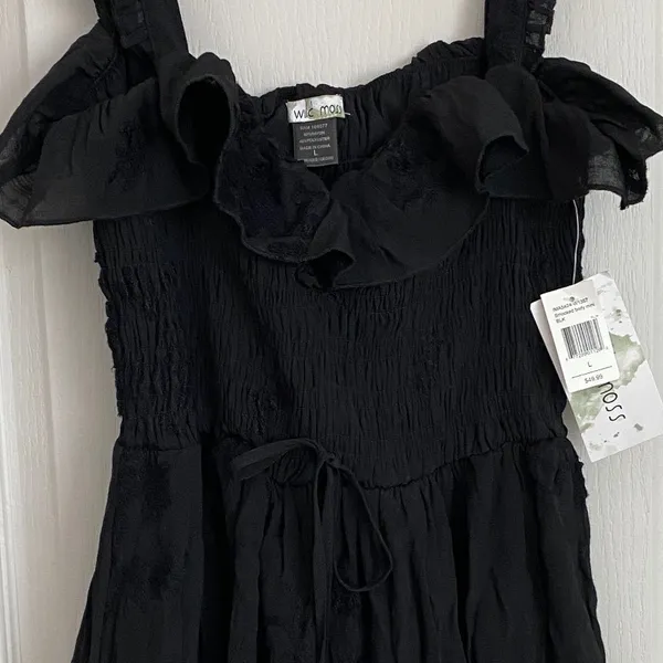 Wild Moss Womens Smocked Body‎ Mini Dress Black Floral Embroidered Ruffle L NWT - Image 8