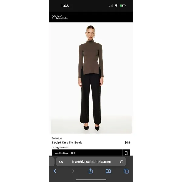 Babaton Aritzia Sweater Sz Xs Sculpt Knit Tie Open Back Ribbed Brown Mockneck​ - Image 2