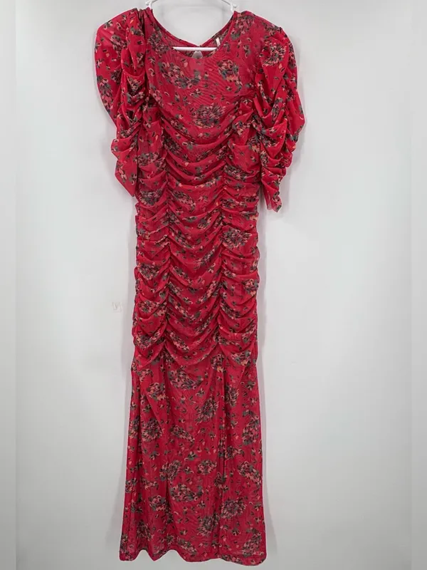 Free People Red Floral Ruched Midi Dress with Puff Sleeves - Image 3