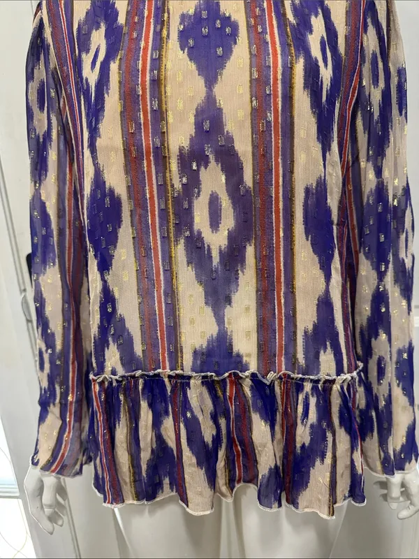 Oliphant Silk & Cotton Purple Ikat Ruffle Hem Long-Sleeve Top Size Large💜 - Image 4