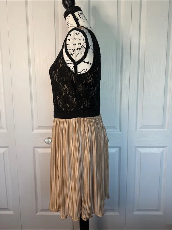 Rewind Black Lace Top with Gold Pleated Skirt Mini Dress - Image 5