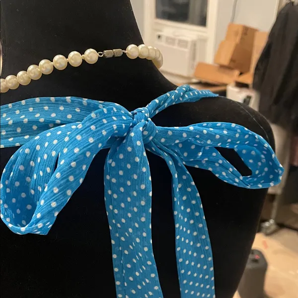 Blue Polka Dot Sleeveless Midi Dress with retro looks ties in back - Image 4