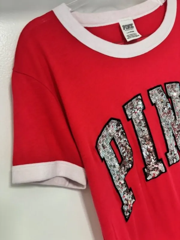 Victoria’s Secret PINK Red White Contrast Trim Sequin Graphic Tee L Ringer Bling - Image 3
