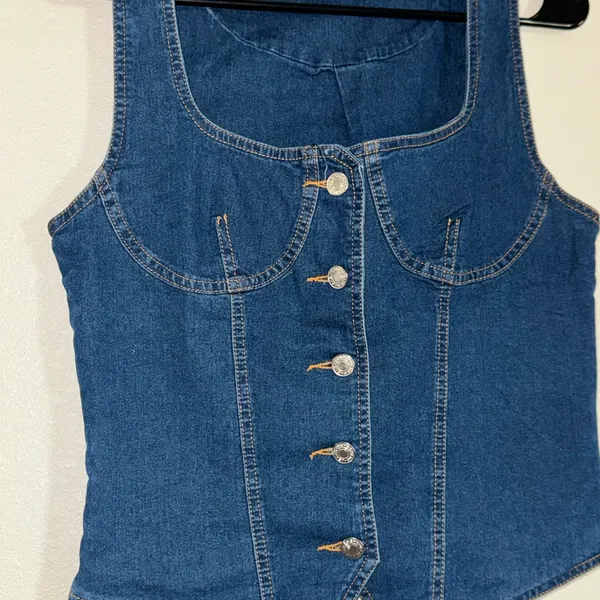 Dark Wash Denim Corset Vest | Square Neck Structured Crop Top | Size L | NWOT - Image 3